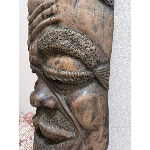 Vintage African Huge Solid Hand Carved Wood Tribal Wall Hanging Face Mask 30”. - Picture 10 of 15
